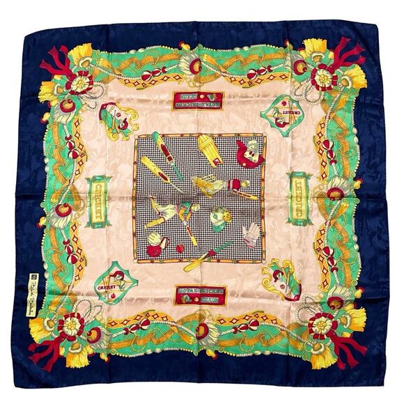 Blu di Balestra ROYAL CRICKET CLUB Print Silk Scarf 33” Square Made in Italy EUC - Picture 1 of 9